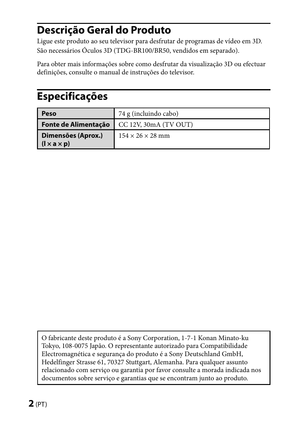 Descrição geral do produto, Especificações | Sony TMR-BR100 User Manual | Page 50 / 127