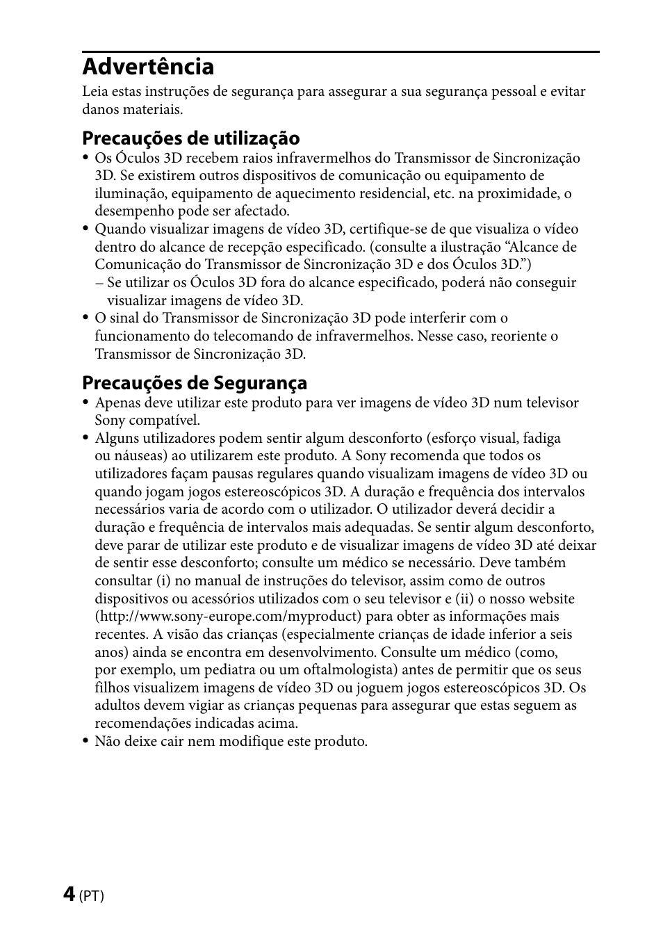 Advertência, Precauções de utilização, Precauções de segurança | Sony TMR-BR100 User Manual | Page 52 / 127