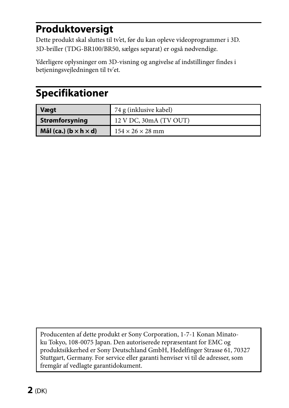 Produktoversigt, Specifikationer | Sony TMR-BR100 User Manual | Page 56 / 127