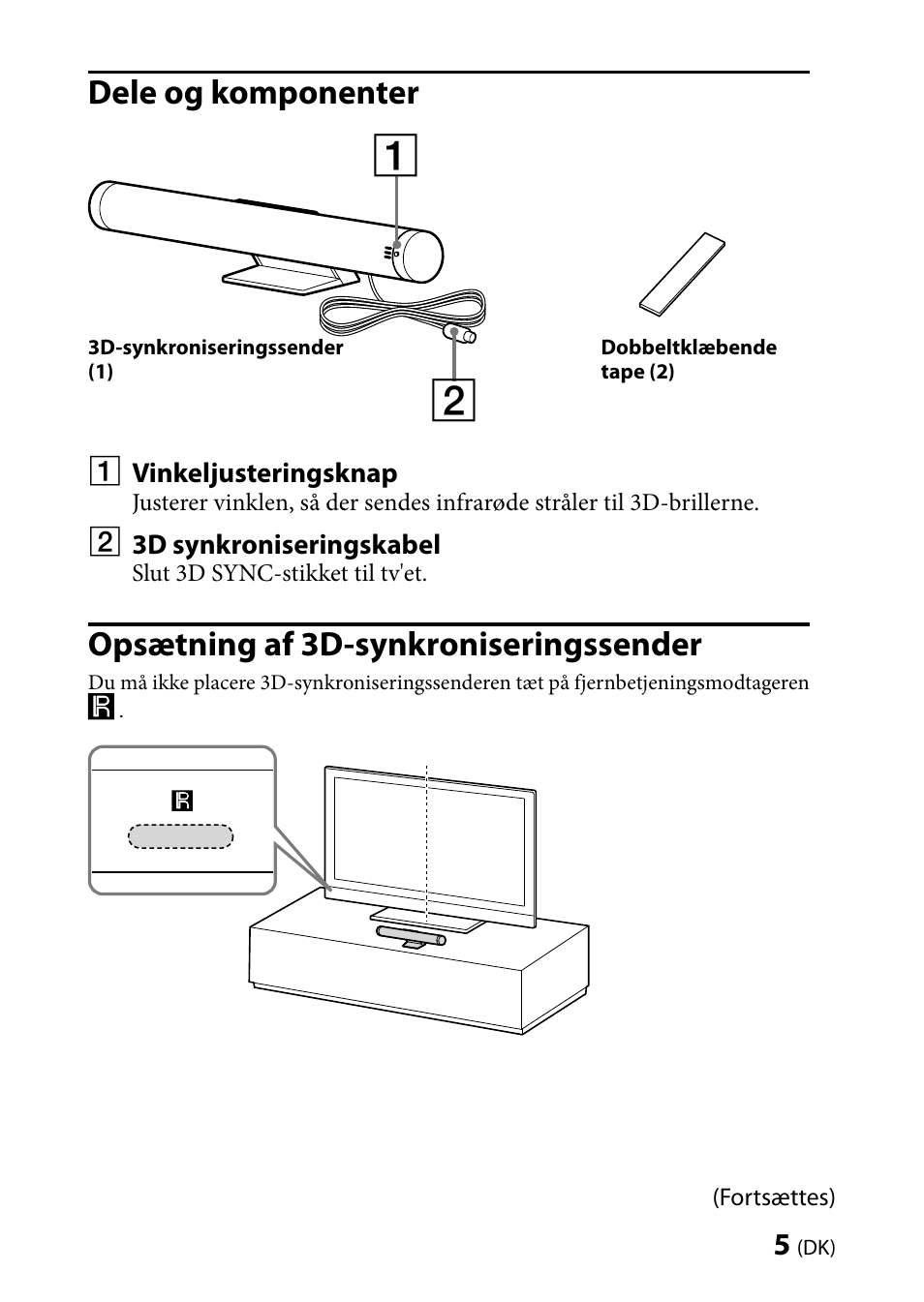 Dele og komponenter, Opsætning af 3d-synkroniseringssender | Sony TMR-BR100 User Manual | Page 59 / 127