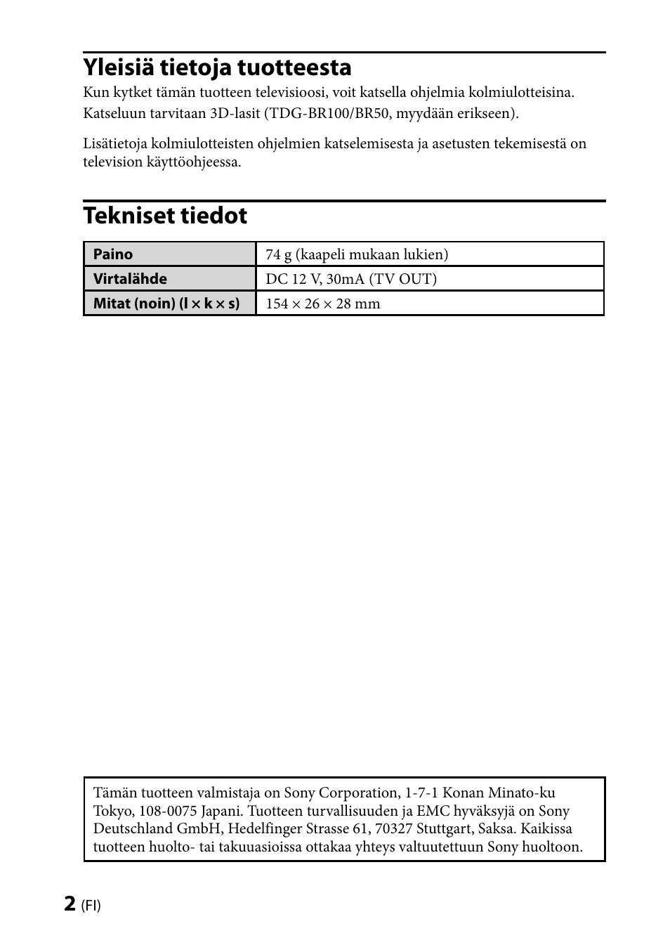 Yleisiä tietoja tuotteesta, Tekniset tiedot | Sony TMR-BR100 User Manual | Page 62 / 127