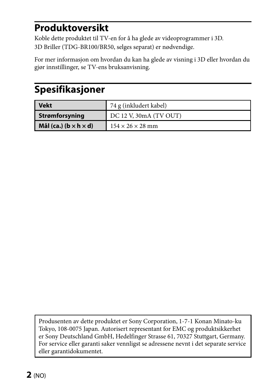 Produktoversikt, Spesifikasjoner | Sony TMR-BR100 User Manual | Page 68 / 127