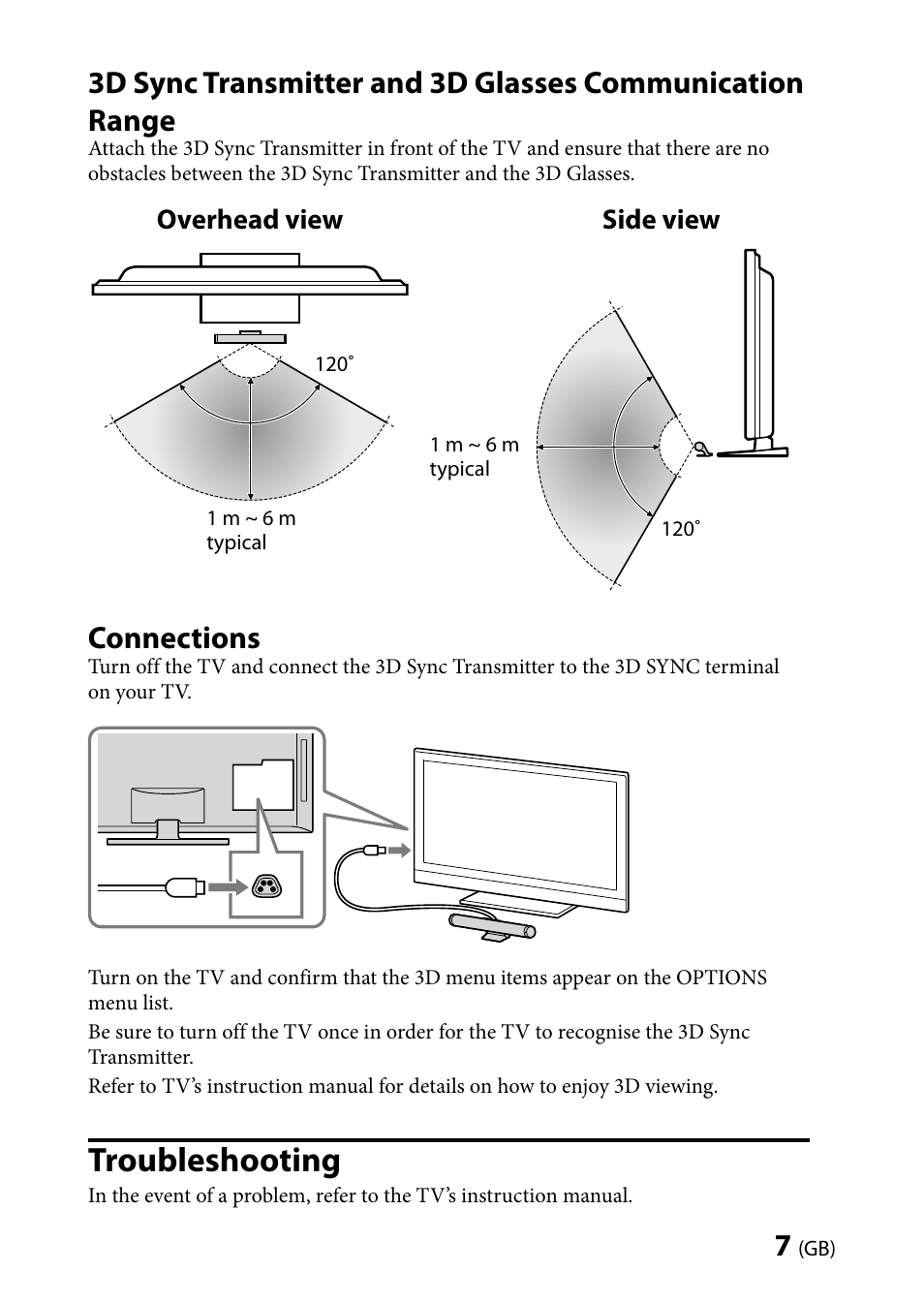 Troubleshooting, Connections, Overhead view side view | Sony TMR-BR100 User Manual | Page 7 / 127