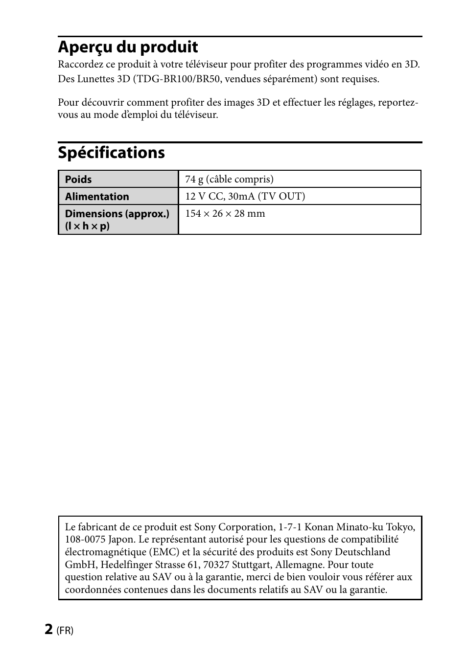 Aperçu du produit, Spécifications | Sony TMR-BR100 User Manual | Page 8 / 127