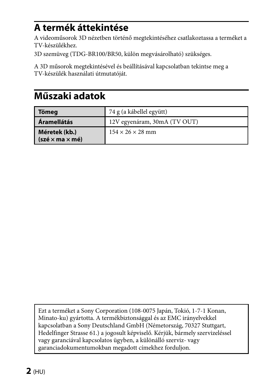 A termék áttekintése, Műszaki adatok | Sony TMR-BR100 User Manual | Page 86 / 127