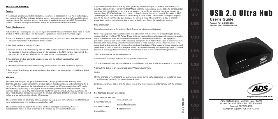 ADS Technologies ADS USB 2.0 Ultra Hub USBH-2004 User Manual | 2 pages
