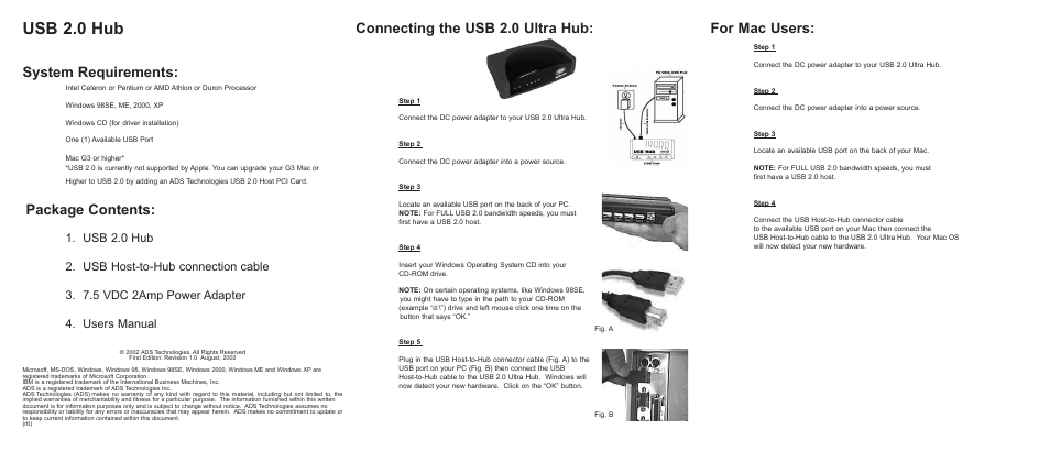 Usb 2.0 hub, System requirements, Package contents | Connecting the usb 2.0 ultra hub, For mac users | ADS Technologies ADS USB 2.0 Ultra Hub USBH-2004 User Manual | Page 2 / 2