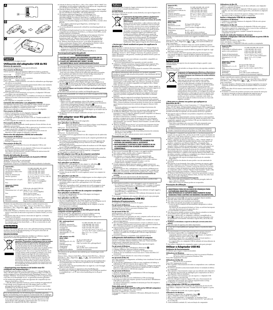 Utilización del adaptador usb de m2, Usb-adapter voor m2 gebruiken, Uso dell’adattatore usb m2 | Utilizar o adaptador usb m2 | Sony MS-A1GU User Manual | Page 2 / 2