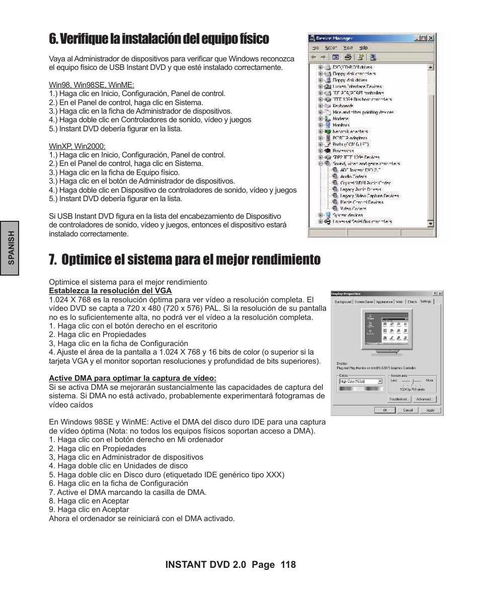 Optimice el sistema para el mejor rendimiento, Verifique la instalación del equipo físico | ADS Technologies INSTANT DVD 2 User Manual | Page 118 / 150