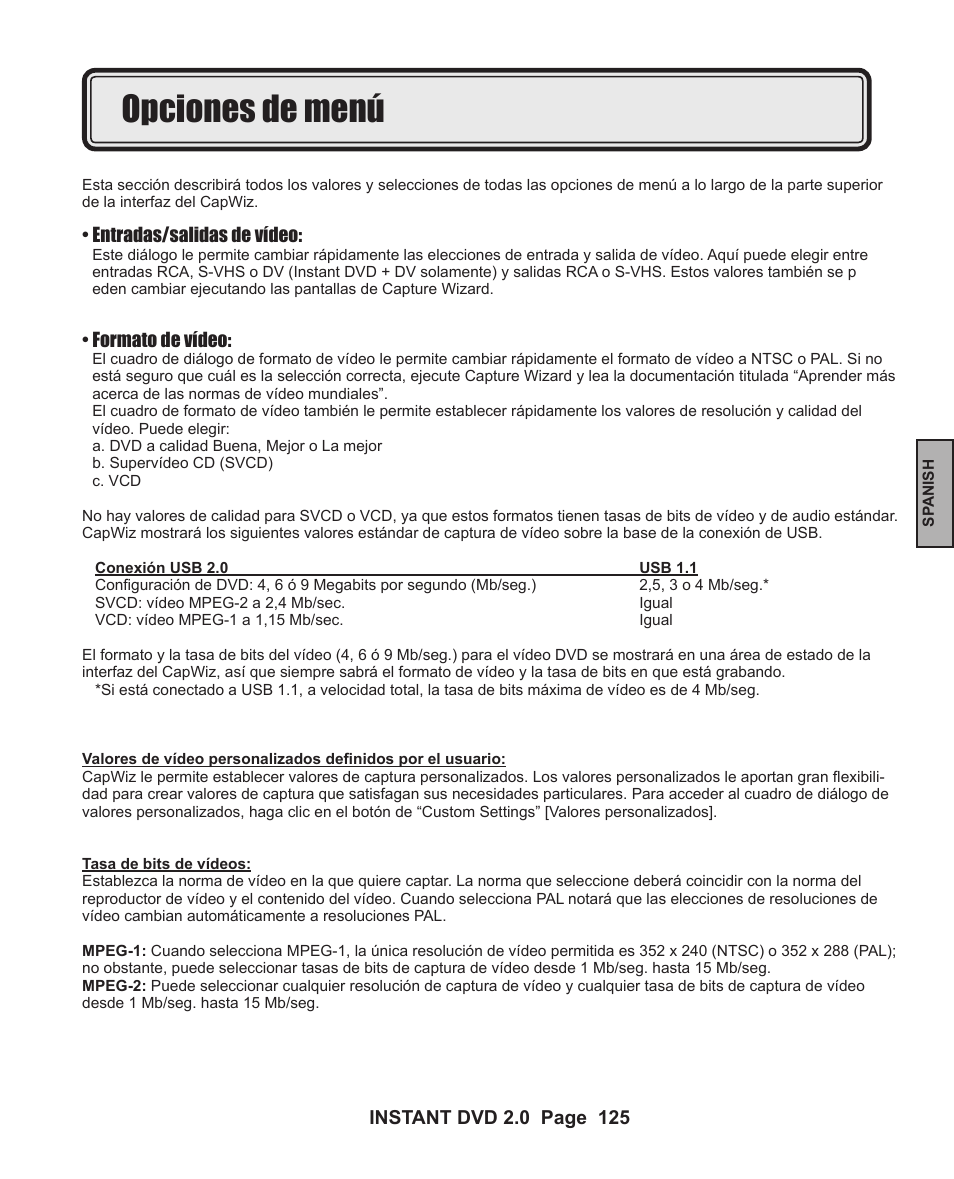 Opciones de menú | ADS Technologies INSTANT DVD 2 User Manual | Page 125 / 150