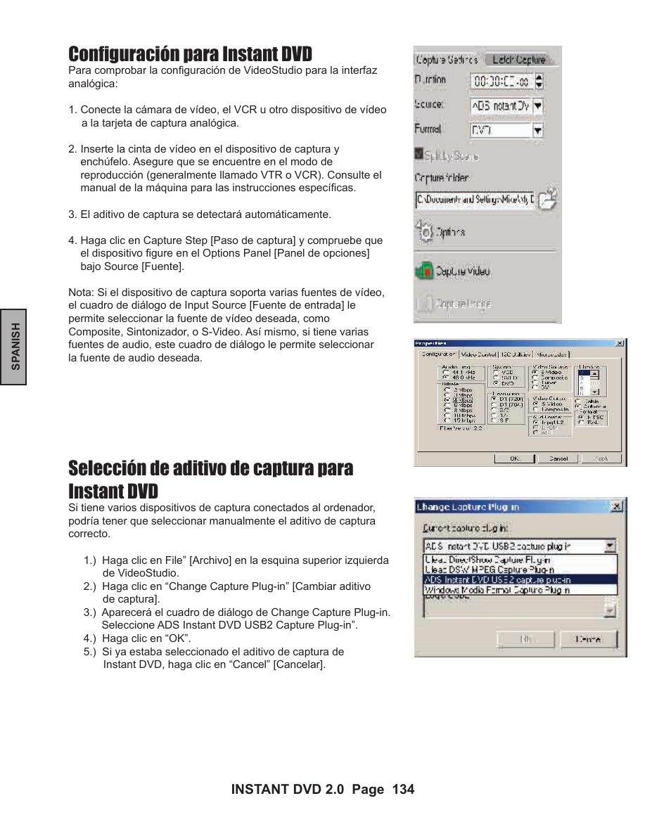 Configuración para instant dvd, Selección de aditivo de captura para instant dvd | ADS Technologies INSTANT DVD 2 User Manual | Page 134 / 150