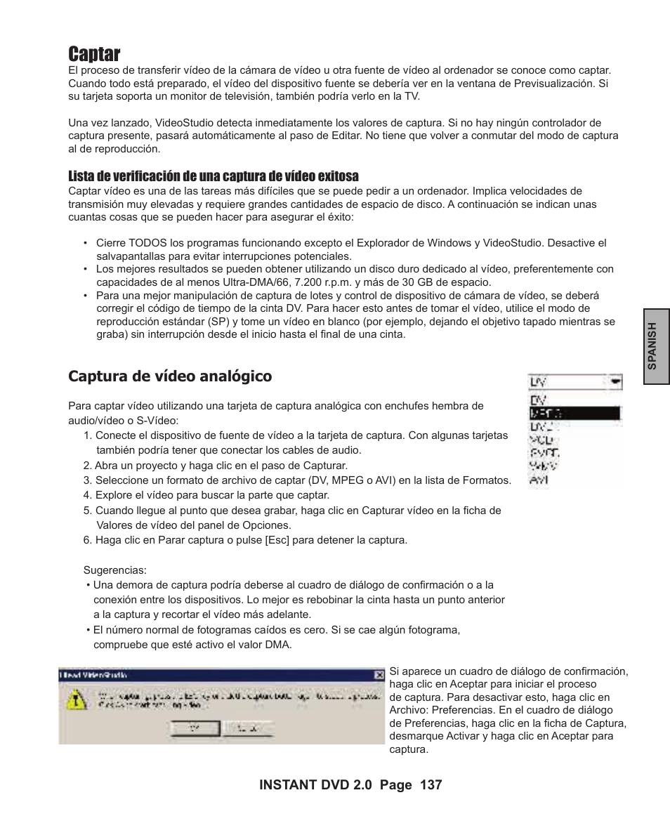 Captar, Captura de vídeo analógico | ADS Technologies INSTANT DVD 2 User Manual | Page 137 / 150