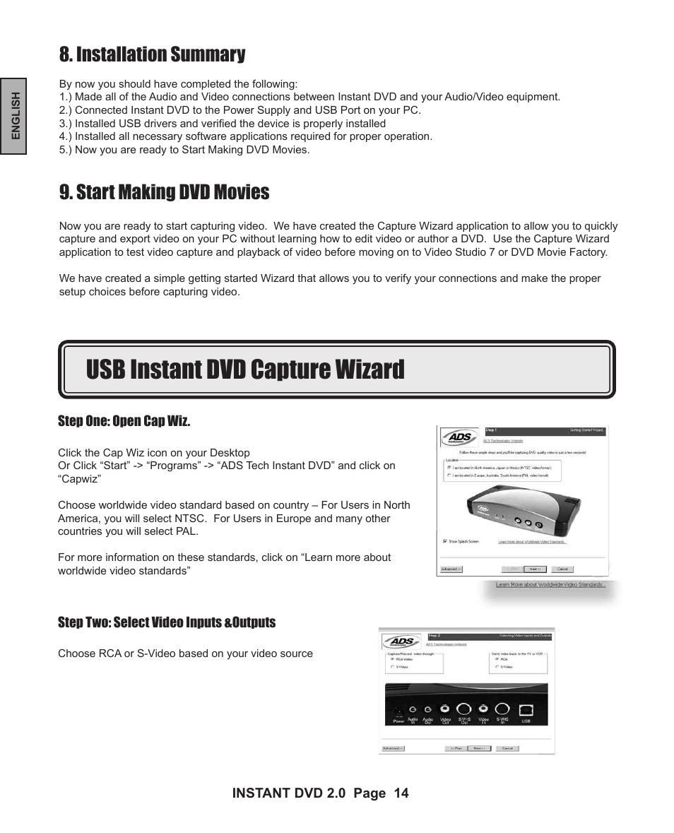 Usb instant dvd capture wizard, Installation summary, Start making dvd movies | ADS Technologies INSTANT DVD 2 User Manual | Page 14 / 150