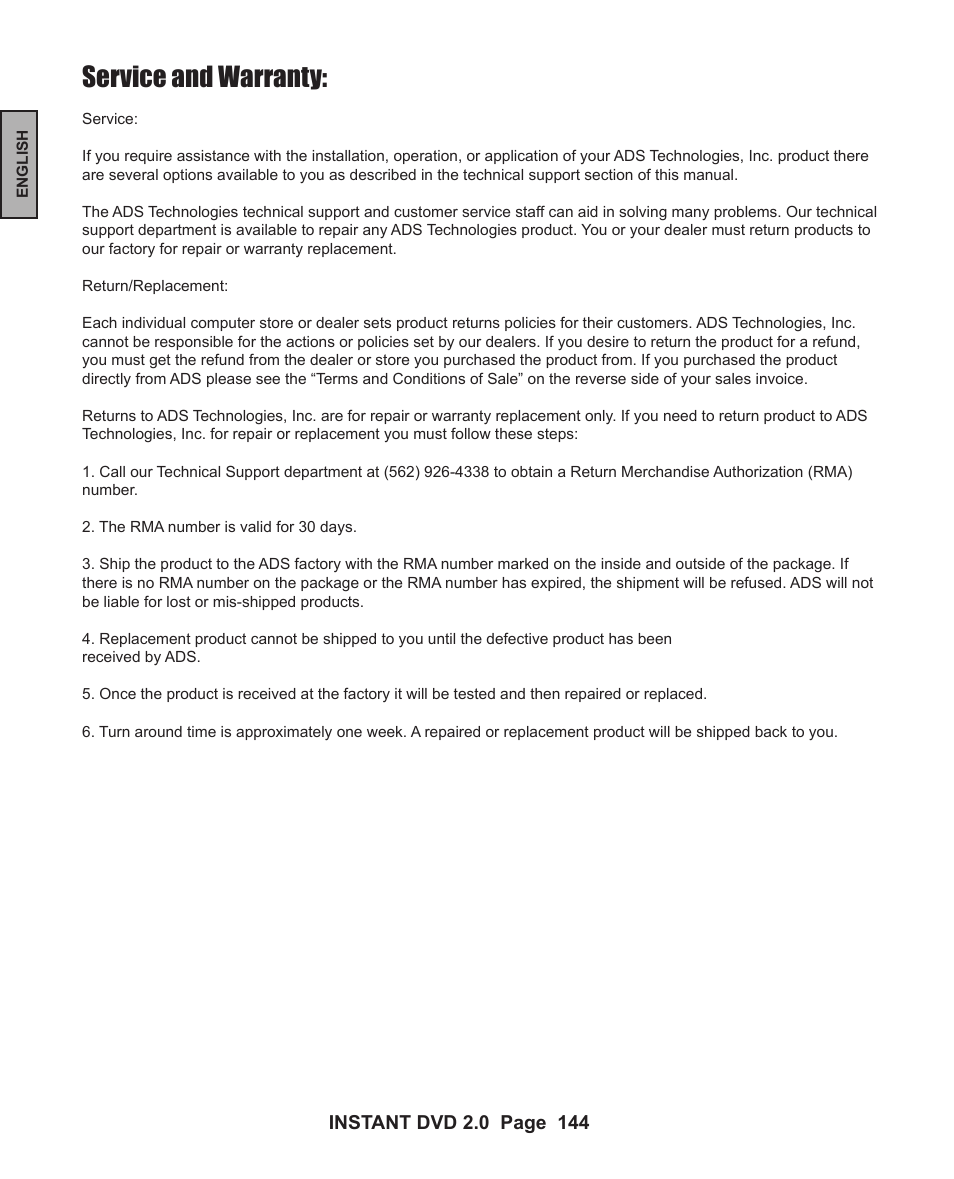 Service and warranty | ADS Technologies INSTANT DVD 2 User Manual | Page 144 / 150