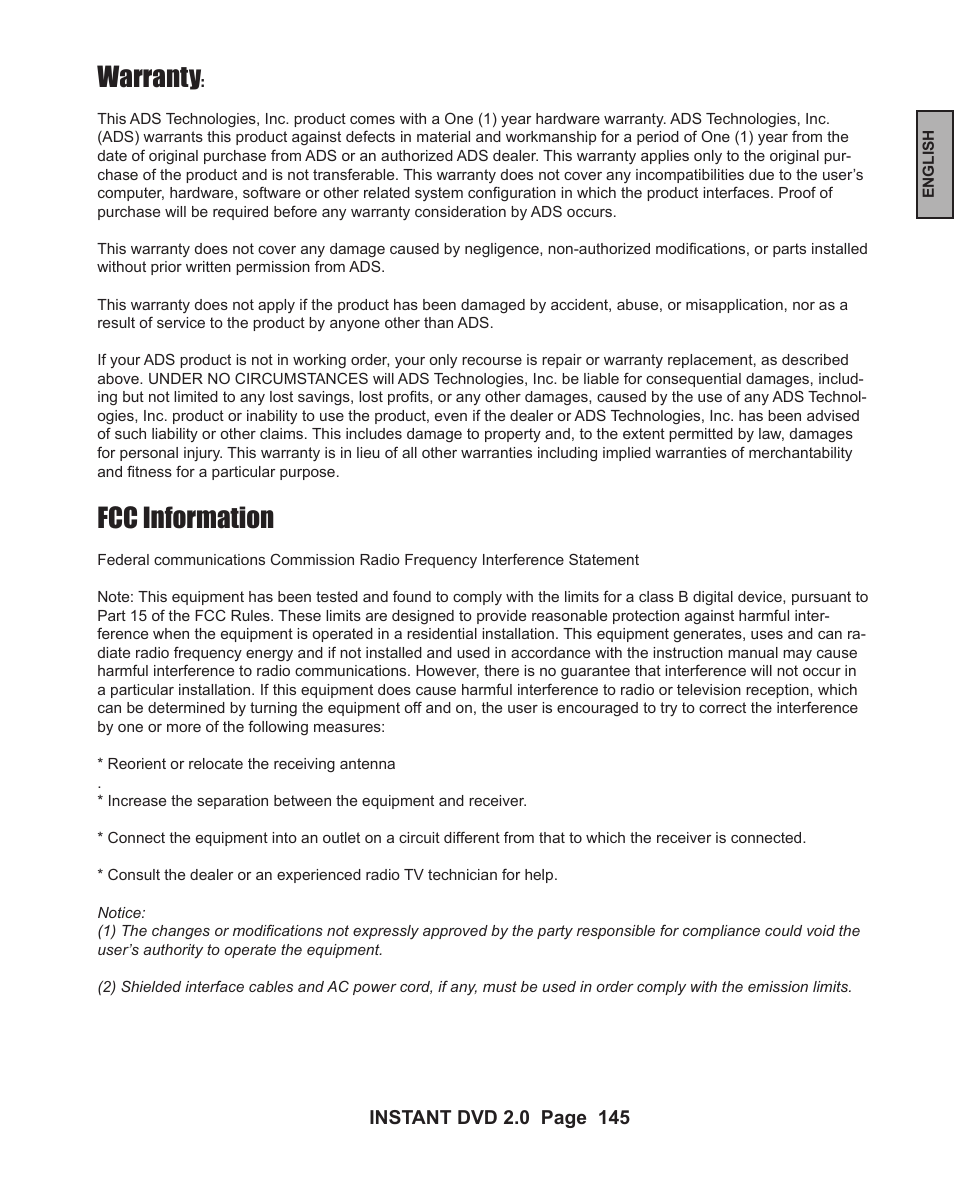 Warranty, Fcc information | ADS Technologies INSTANT DVD 2 User Manual | Page 145 / 150