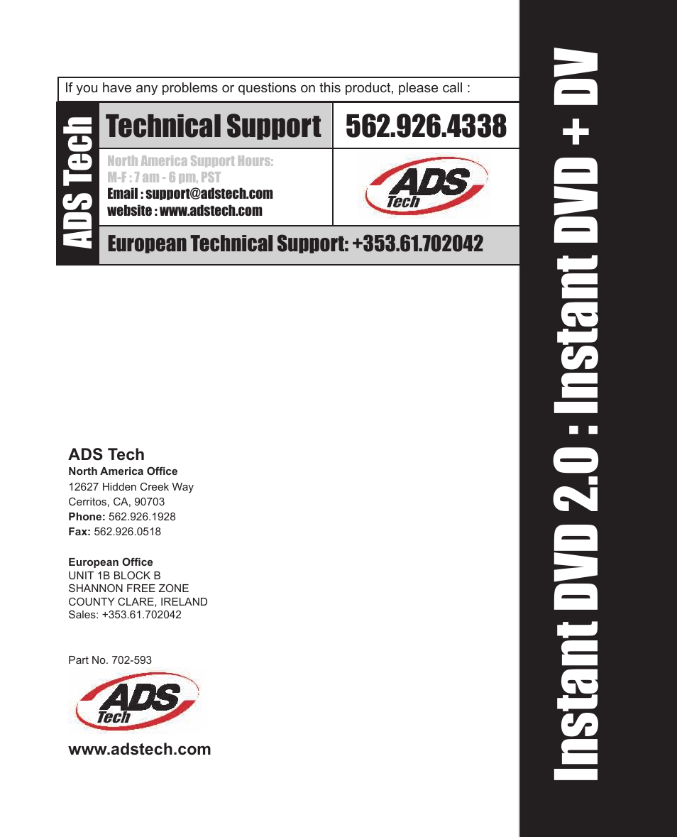 Instant dvd 2.0 : instant dvd + dv, Ads t ech | ADS Technologies INSTANT DVD 2 User Manual | Page 150 / 150