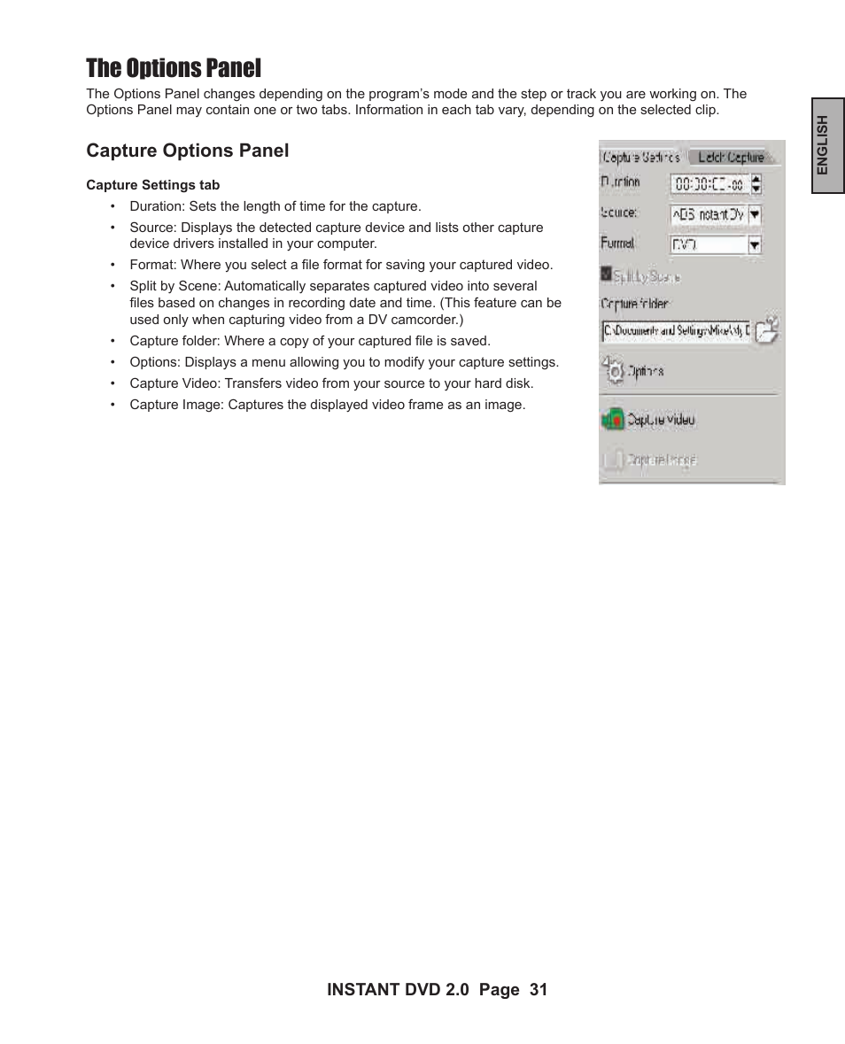 The options panel, Capture options panel | ADS Technologies INSTANT DVD 2 User Manual | Page 31 / 150