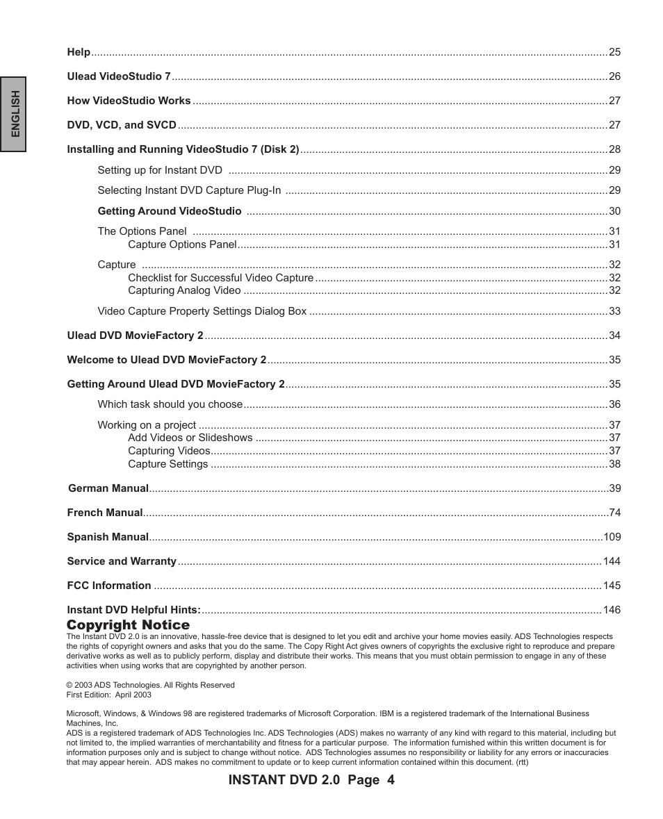 Instant dvd 2.0 page 4, Instant dvd 2.0 page 5, Copyright notice | ADS Technologies INSTANT DVD 2 User Manual | Page 4 / 150