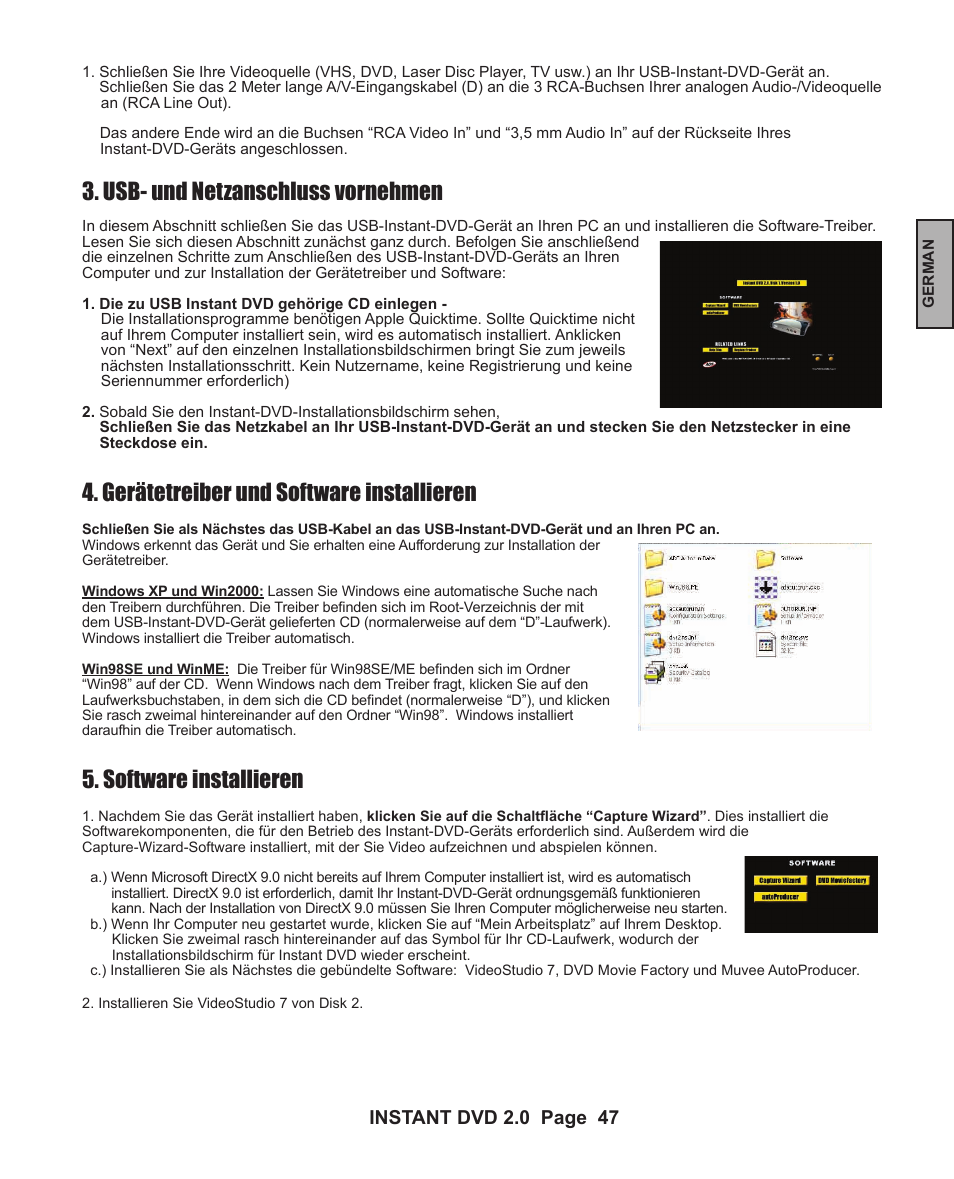 Gerätetreiber und software installieren, Software installieren, Usb- und netzanschluss vornehmen | Instant dvd 2.0 page 46, Instant dvd 2.0 page 47 | ADS Technologies INSTANT DVD 2 User Manual | Page 47 / 150