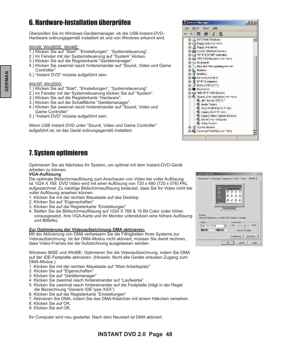 System optimieren, Hardware-installation überprüfen, Instant dvd 2.0 page 48 | Instant dvd 2.0 page 49 | ADS Technologies INSTANT DVD 2 User Manual | Page 48 / 150