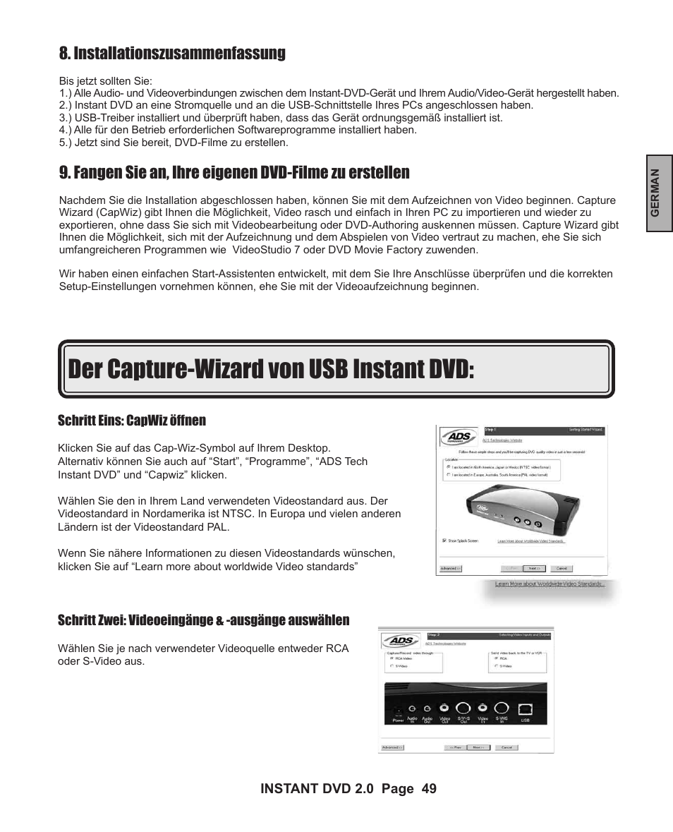 Der capture-wizard von usb instant dvd, Installationszusammenfassung, Fangen sie an, ihre eigenen dvd-filme zu erstellen | ADS Technologies INSTANT DVD 2 User Manual | Page 49 / 150