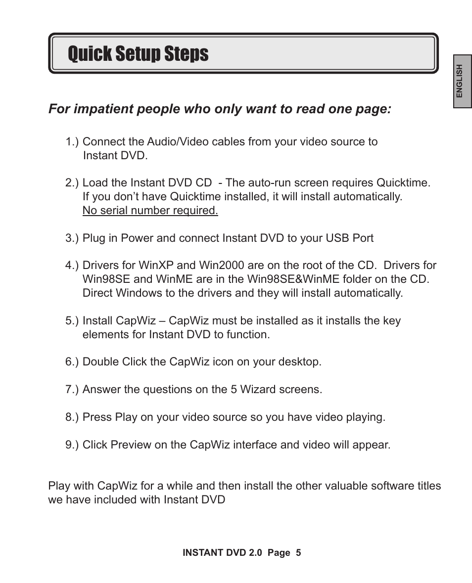 Quick setup steps | ADS Technologies INSTANT DVD 2 User Manual | Page 5 / 150
