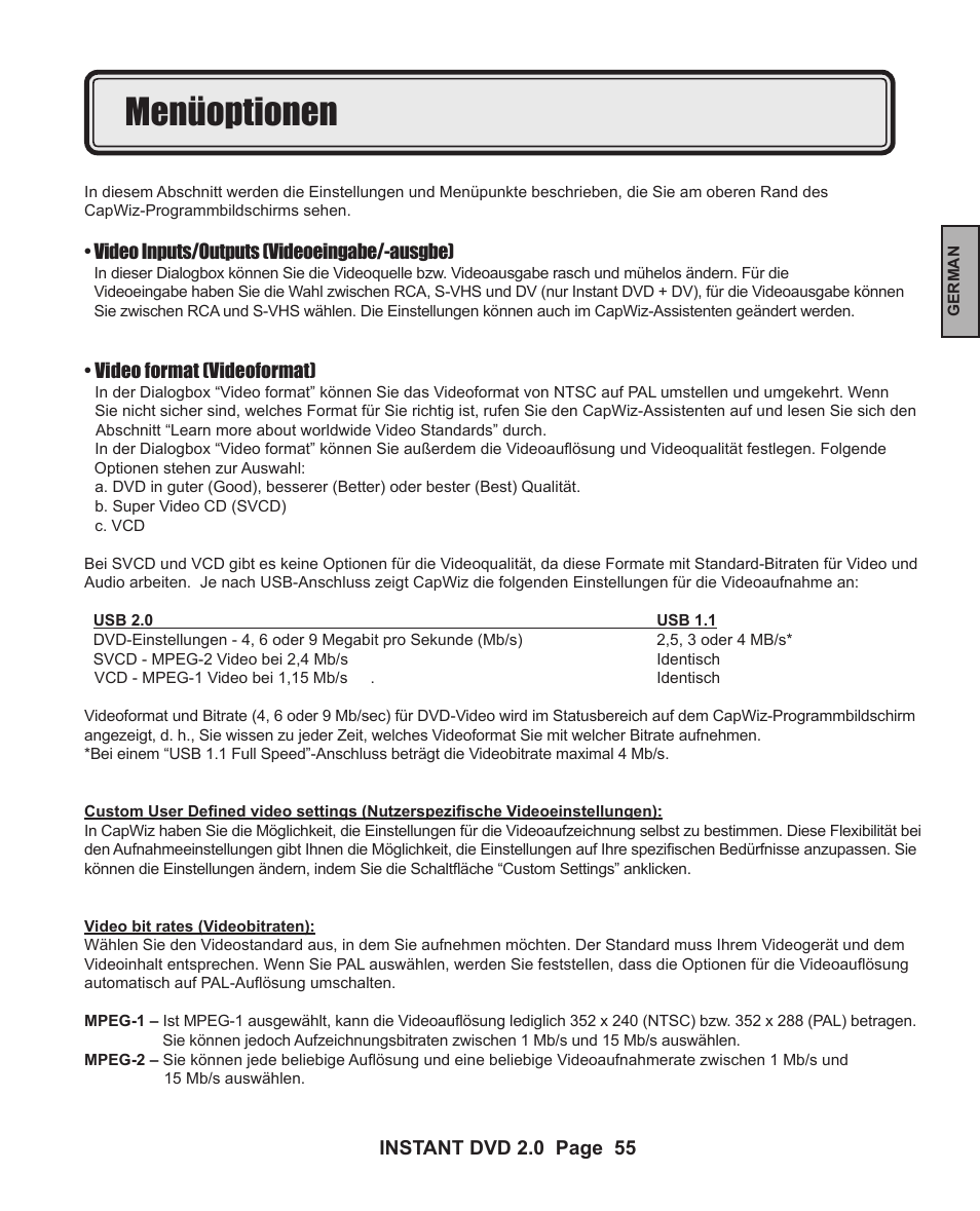 Menüoptionen | ADS Technologies INSTANT DVD 2 User Manual | Page 55 / 150