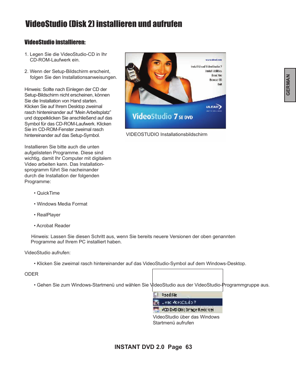 Videostudio (disk 2) installieren und aufrufen | ADS Technologies INSTANT DVD 2 User Manual | Page 63 / 150