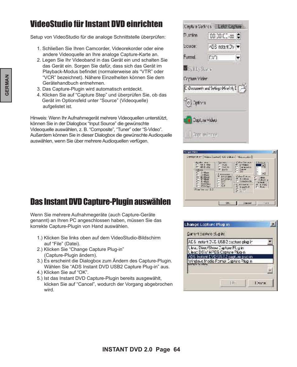 Videostudio für instant dvd einrichten, Das instant dvd capture-plugin auswählen | ADS Technologies INSTANT DVD 2 User Manual | Page 64 / 150