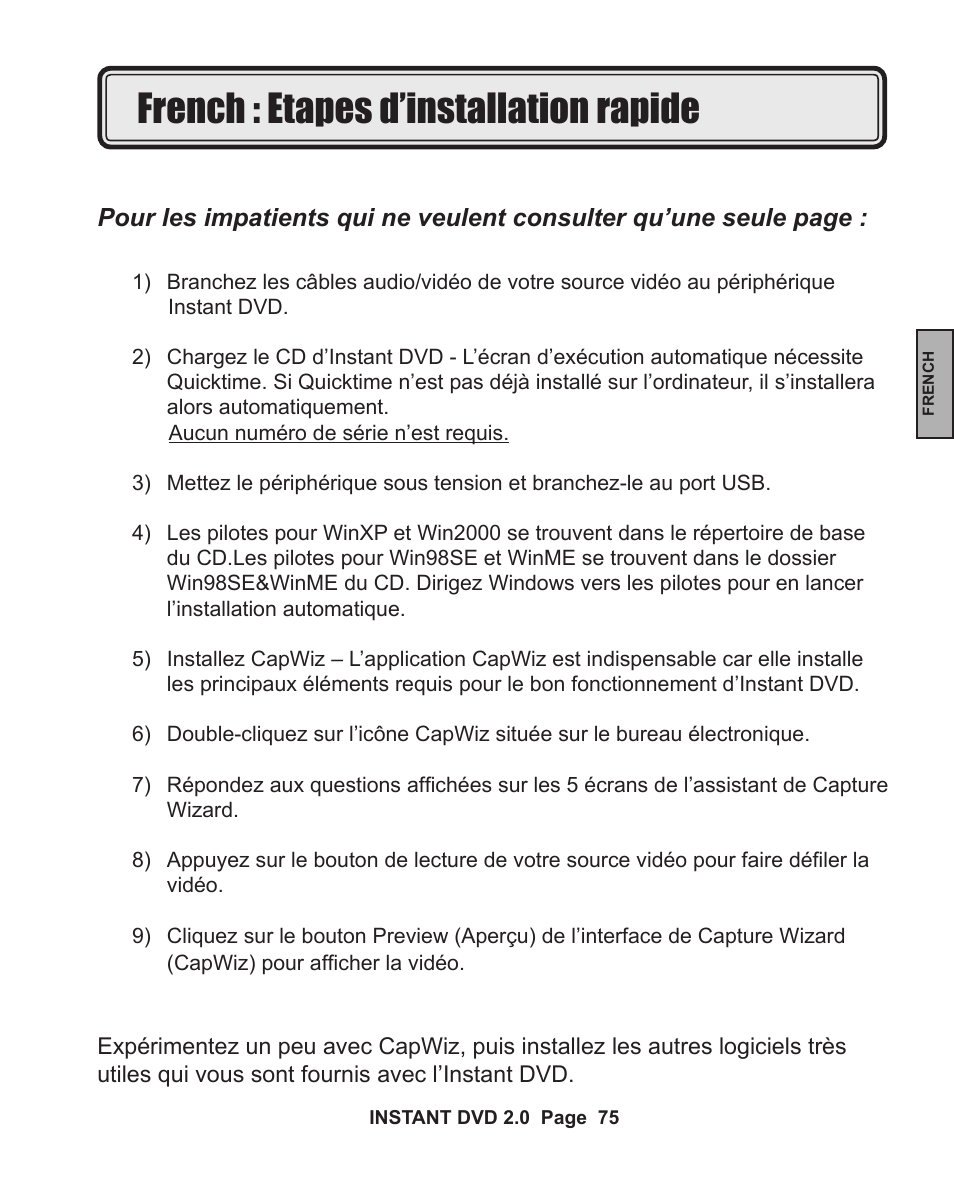 French : etapes d’installation rapide | ADS Technologies INSTANT DVD 2 User Manual | Page 75 / 150