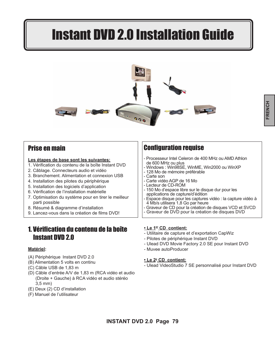 Instant dvd 2.0 installation guide, Configuration requise, Prise en main | ADS Technologies INSTANT DVD 2 User Manual | Page 79 / 150