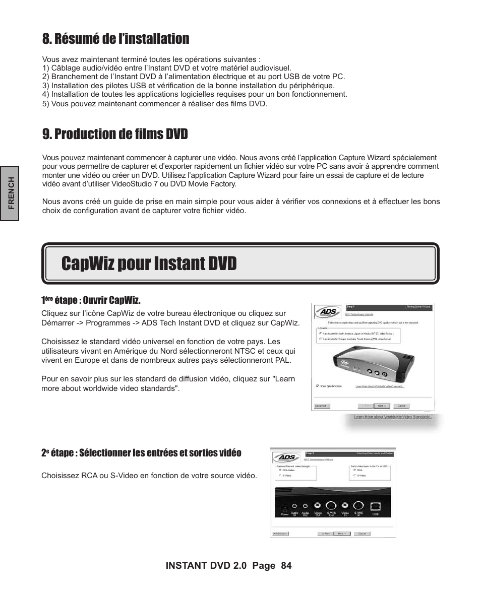 Capwiz pour instant dvd, Résumé de l’installation, Production de films dvd | ADS Technologies INSTANT DVD 2 User Manual | Page 84 / 150