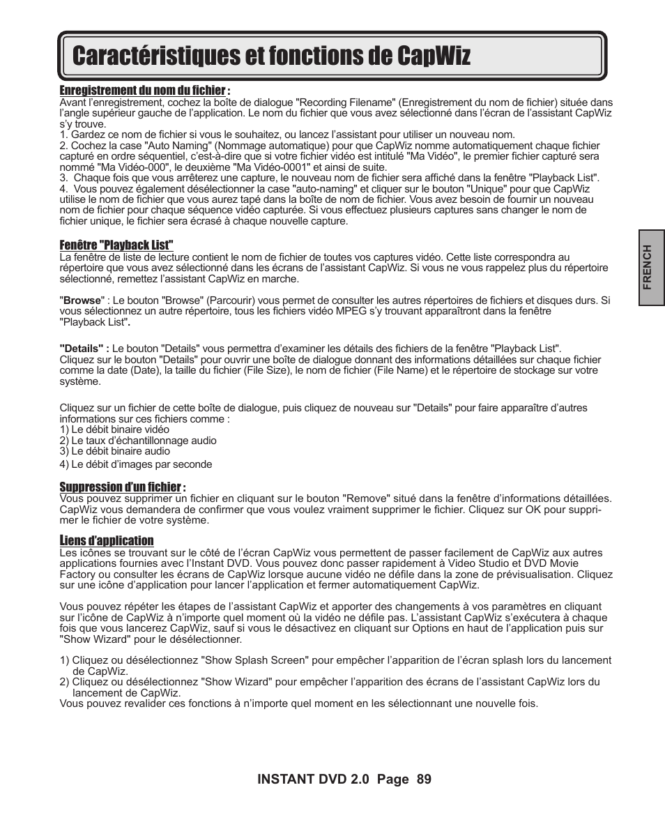 Caractéristiques et fonctions de capwiz | ADS Technologies INSTANT DVD 2 User Manual | Page 89 / 150