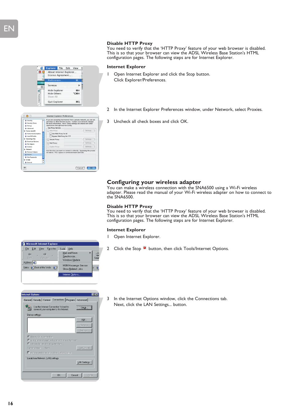 Disable http proxy, Configuring your wireless adapter | ADS Technologies SNA6500 User Manual | Page 16 / 41