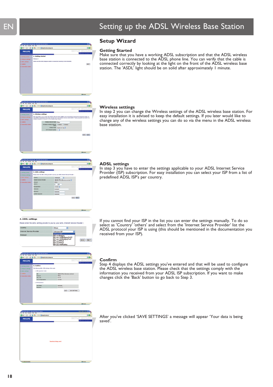 Setting up the adsl wireless base station, Setup wizard | ADS Technologies SNA6500 User Manual | Page 18 / 41