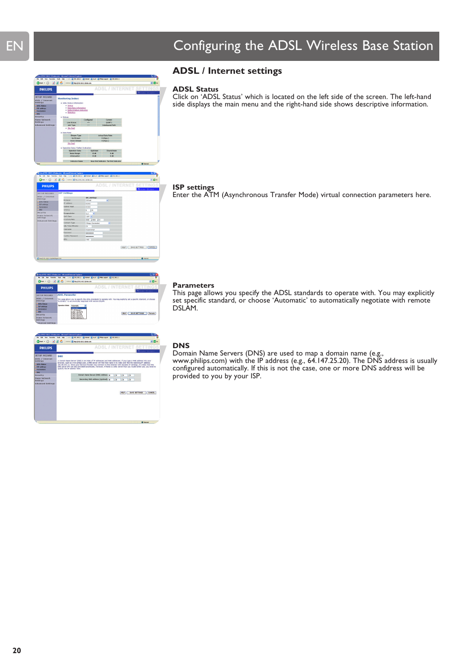 Configuring the adsl wireless base station, Adsl /. internet settings | ADS Technologies SNA6500 User Manual | Page 20 / 41