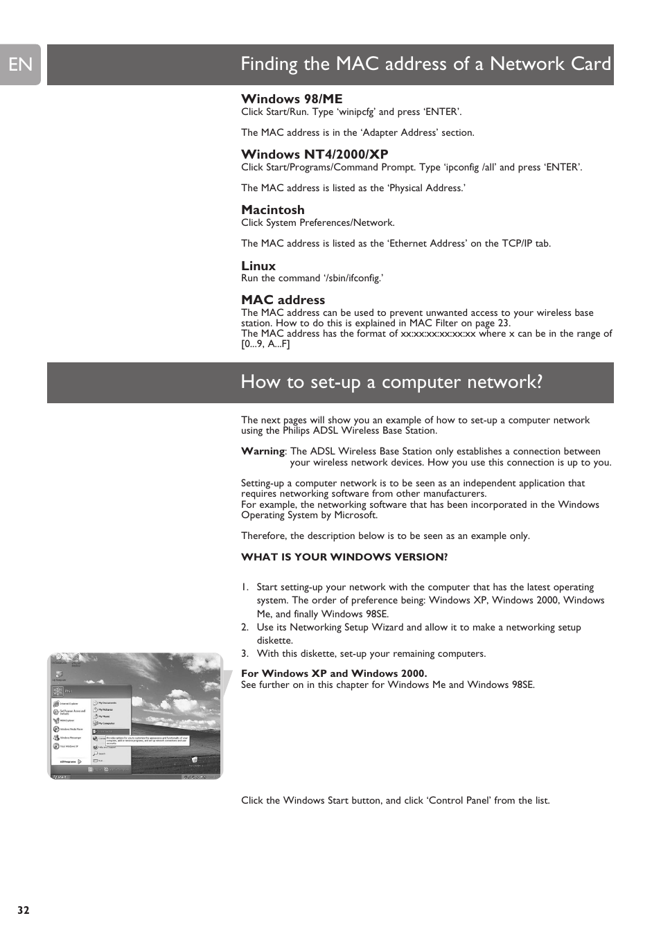 Finding the mac address of a network card, Windows 98/me, Windows nt4/2000/xp | Macintosh, Linux, Mac address, How to set-up a computer network, What is your windows version | ADS Technologies SNA6500 User Manual | Page 32 / 41