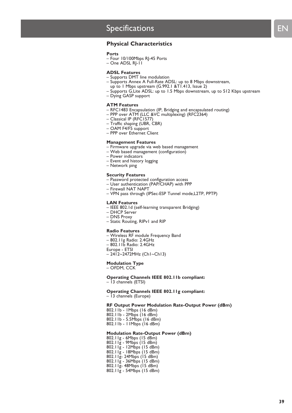 Specifications | ADS Technologies SNA6500 User Manual | Page 39 / 41