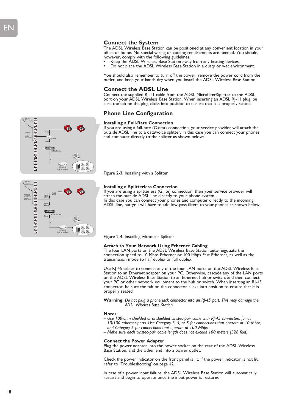 Connect the system, Connect the adsl line, Phone line configuration | Connect the power adapter | ADS Technologies SNA6500 User Manual | Page 8 / 41