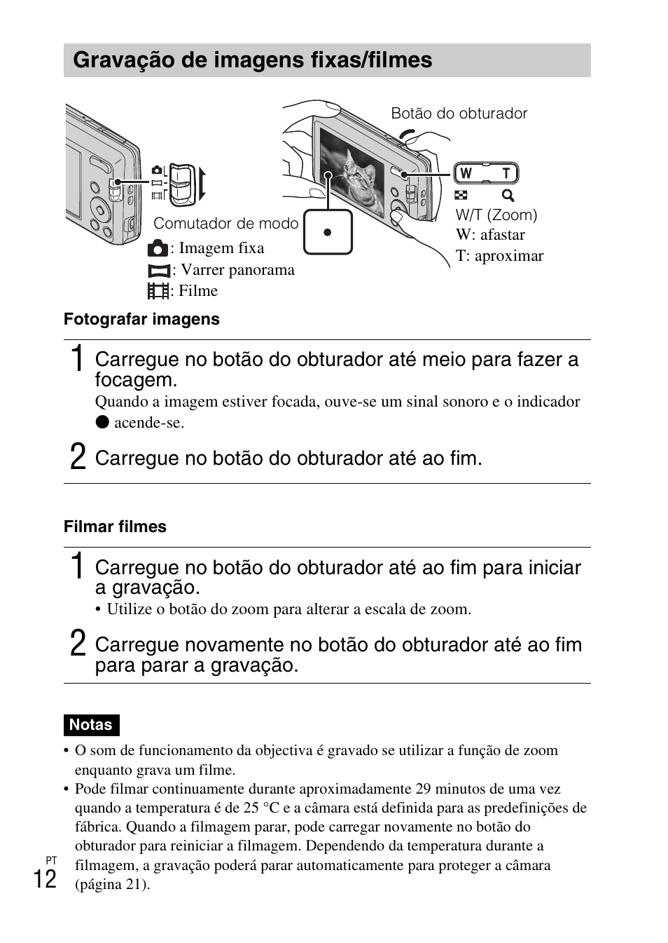 Gravação de imagens fixas/filmes | Sony DSC-W620 User Manual | Page 104 / 435