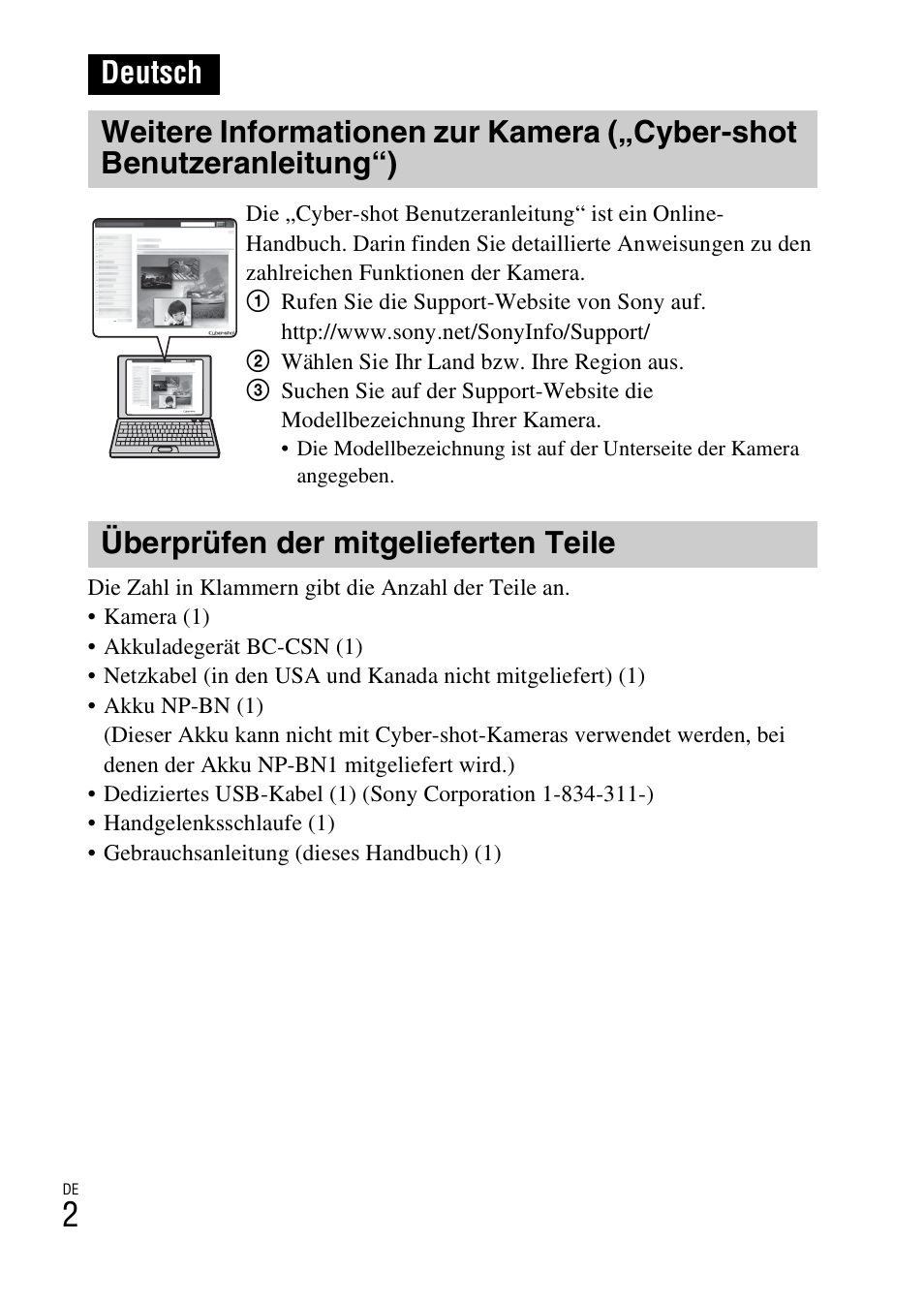Deutsch, Überprüfen der mitgelieferten teile | Sony DSC-W620 User Manual | Page 116 / 435