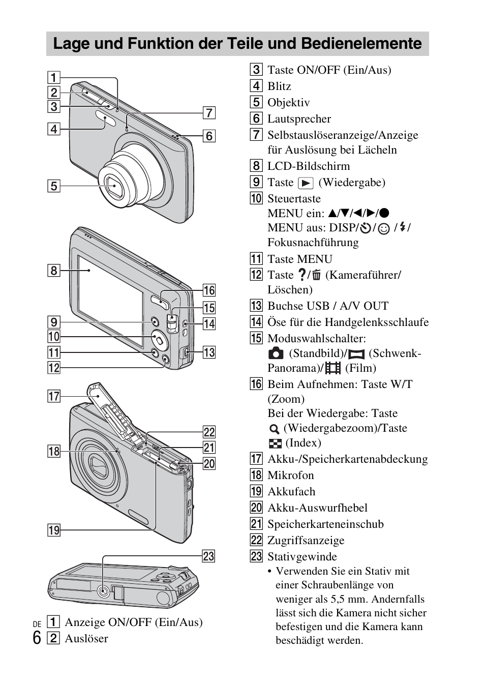 Lage und funktion der teile und bedienelemente | Sony DSC-W620 User Manual | Page 120 / 435