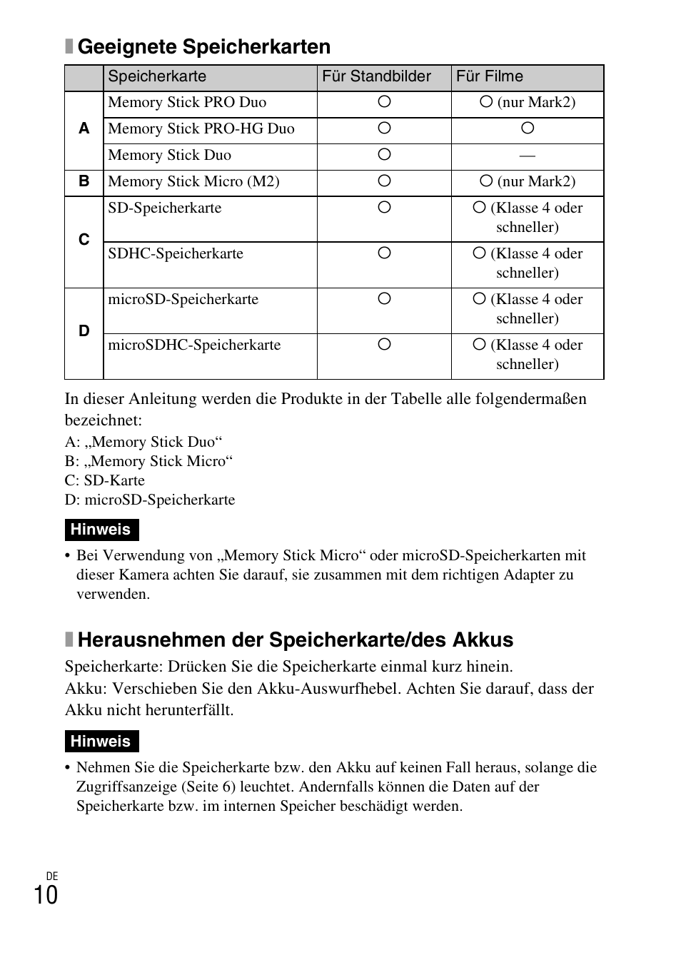 Xgeeignete speicherkarten, Xherausnehmen der speicherkarte/des akkus | Sony DSC-W620 User Manual | Page 124 / 435