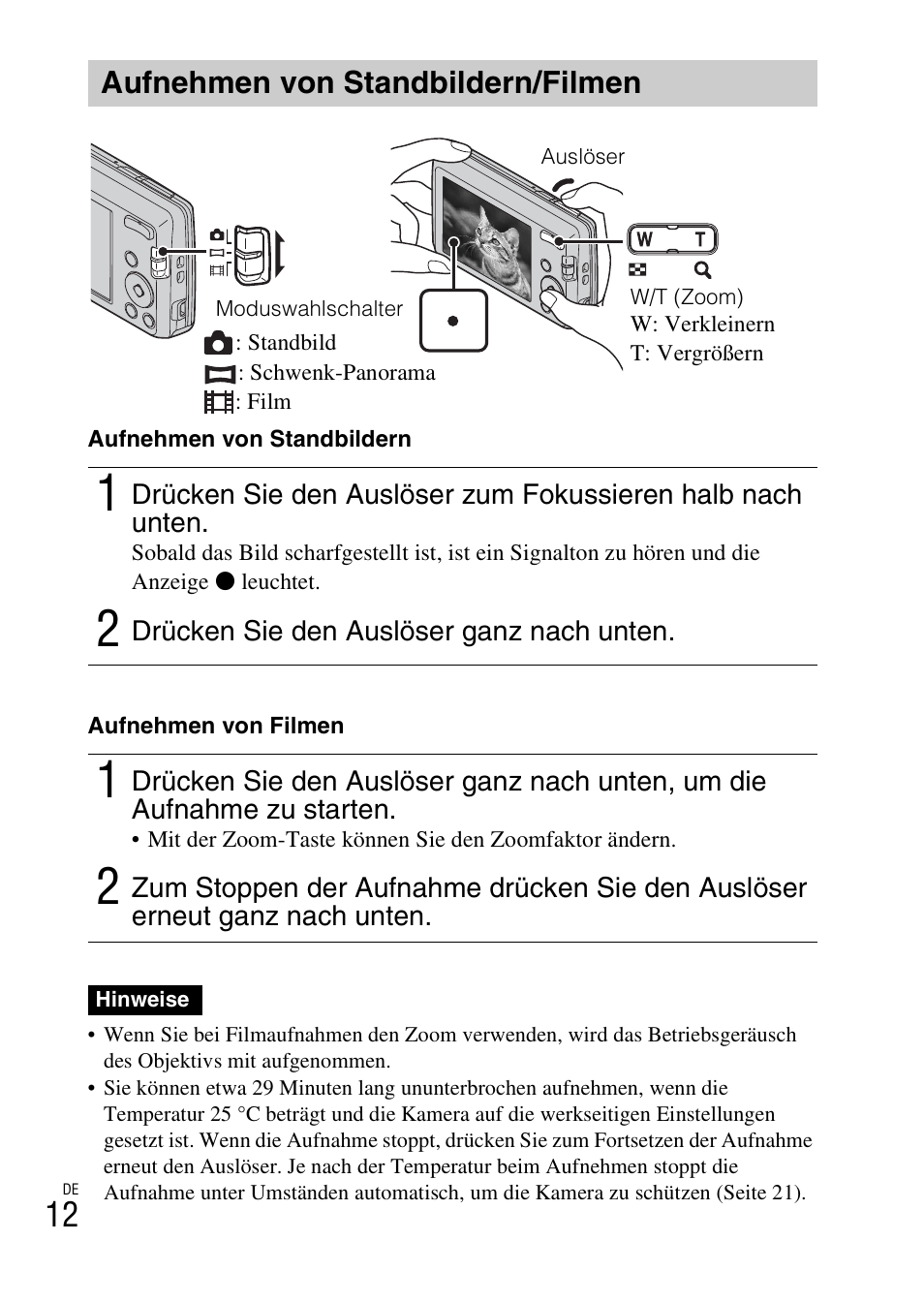 Aufnehmen von standbildern/filmen | Sony DSC-W620 User Manual | Page 126 / 435
