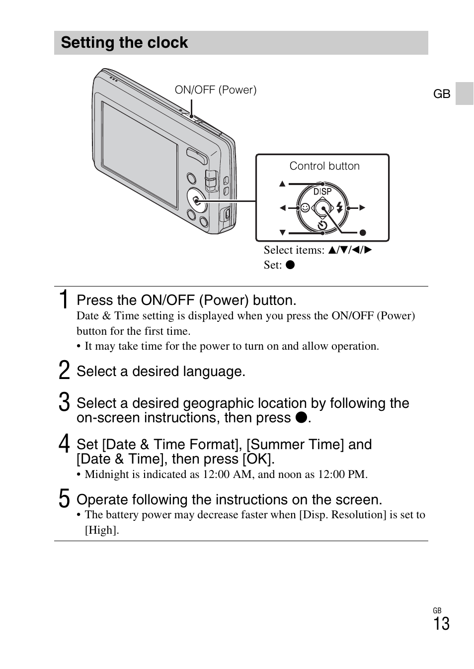 Setting the clock | Sony DSC-W620 User Manual | Page 13 / 435