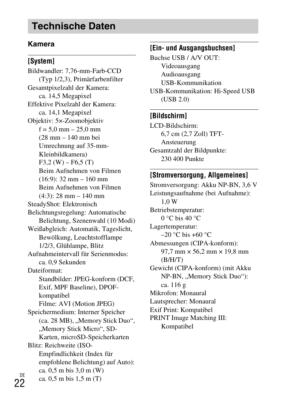 Technische daten | Sony DSC-W620 User Manual | Page 136 / 435