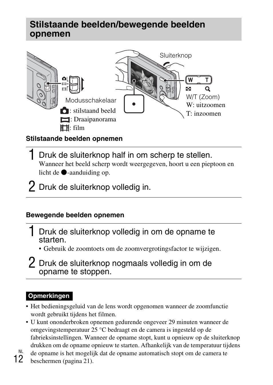 Stilstaande beelden/bewegende beelden opnemen | Sony DSC-W620 User Manual | Page 148 / 435