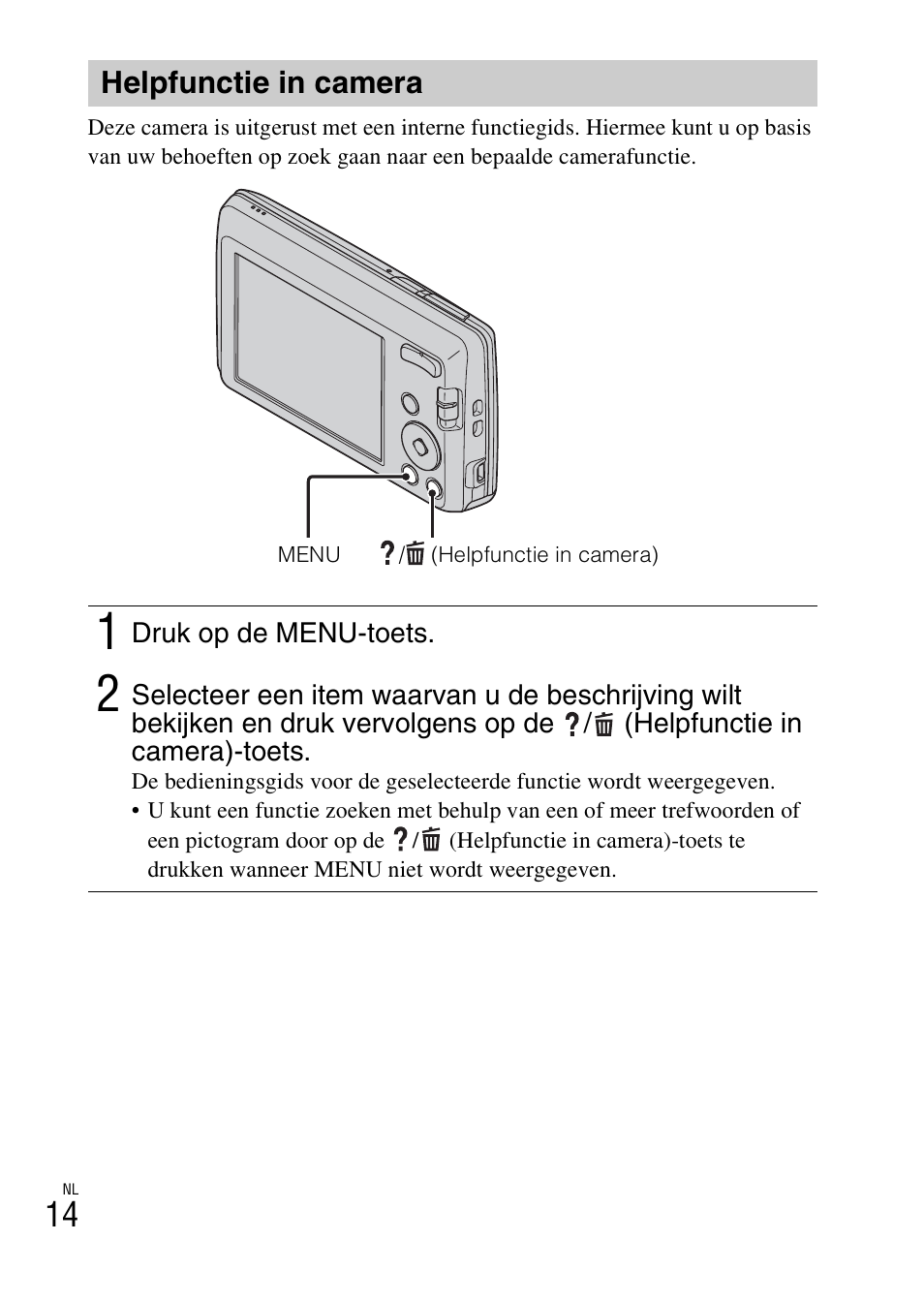 Helpfunctie in camera | Sony DSC-W620 User Manual | Page 150 / 435