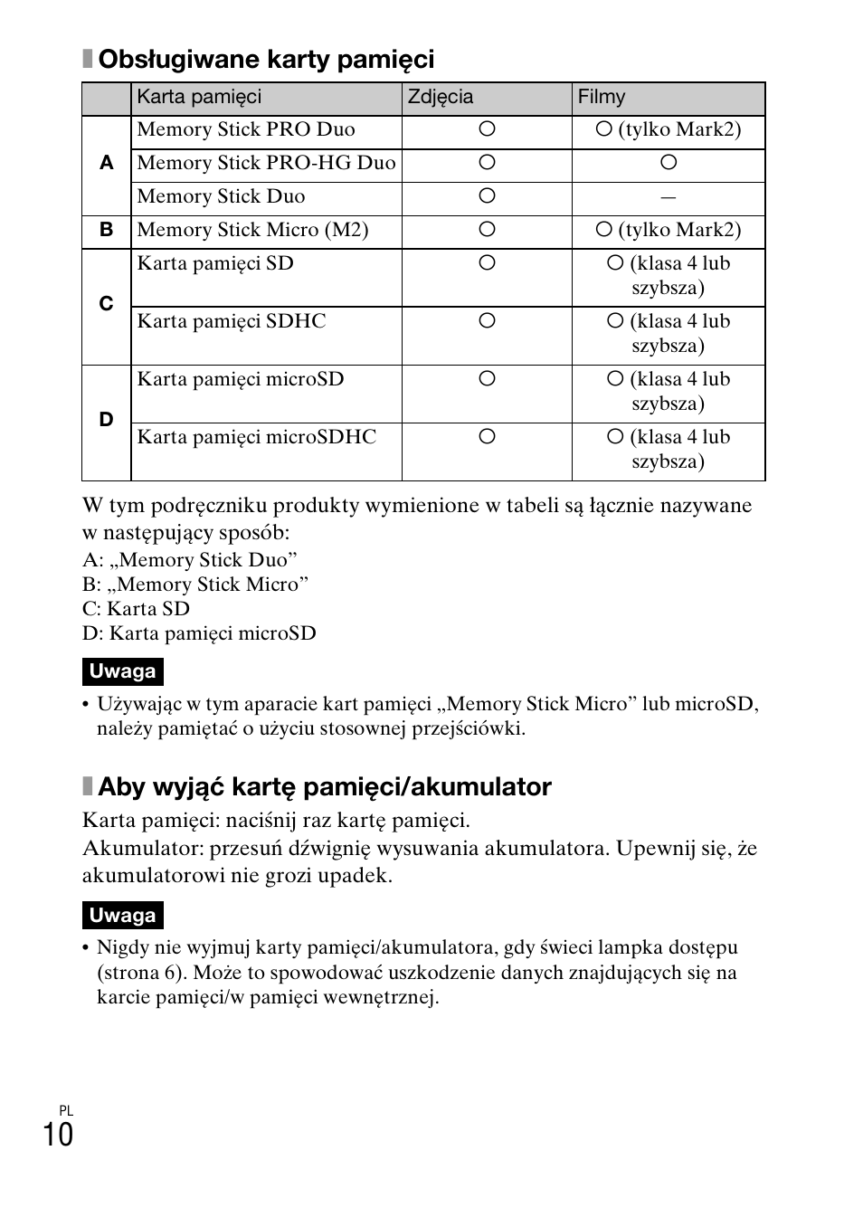 Xobsługiwane karty pamięci, Xaby wyjąć kartę pamięci/akumulator | Sony DSC-W620 User Manual | Page 168 / 435