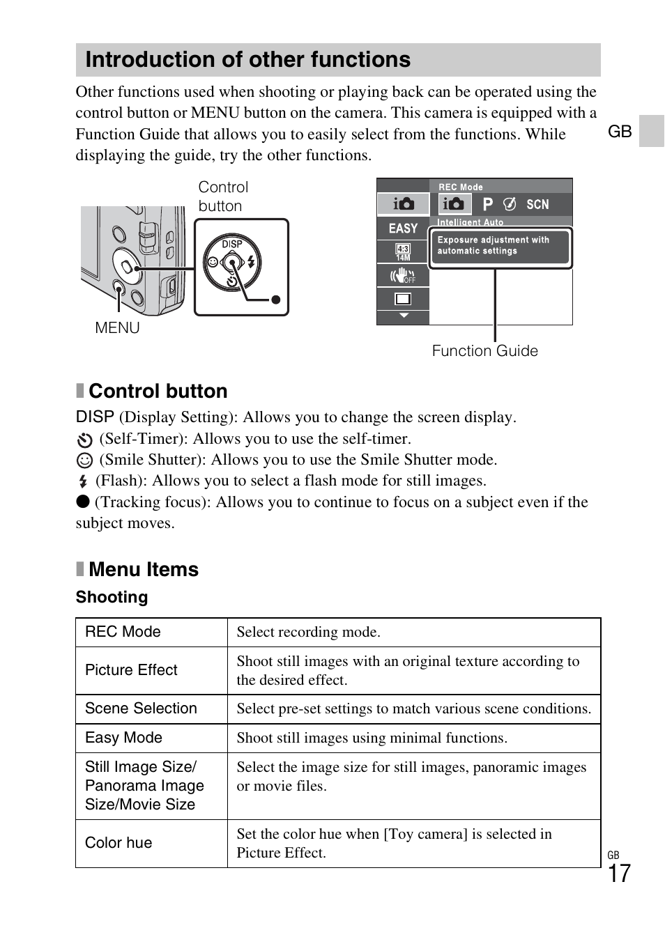 Introduction of other functions, Xcontrol button, Xmenu items | Sony DSC-W620 User Manual | Page 17 / 435